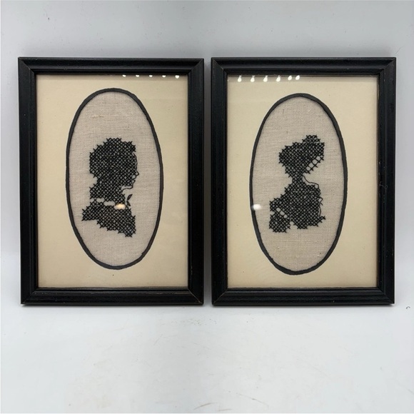 Handmade Other - Vintage Silhouette‎ Needlepoint Side Profile Portraits Regency Framed Pair
